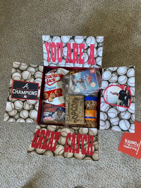 Baseball Care Package, Baseball Themed Gifts, Baseball Basket Ideas For Boyfriend, Baseball Theme Gifts, Baseball Gift Basket, Formal Proposal, Bf Things, Easy Gift Baskets, Baseball Boyfriend