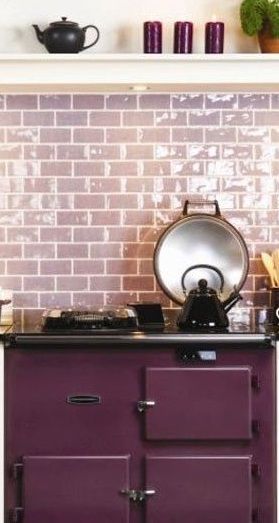 a dreamy lavender subway-tile kitchen backsplash Splash Back Ideas, Plum Kitchen, Kitchen Splash Back, Subway Tile Backsplash Kitchen, Natural Stone Tiles, House To Home, Grey Backsplash, Purple Kitchen, Purple Bathrooms