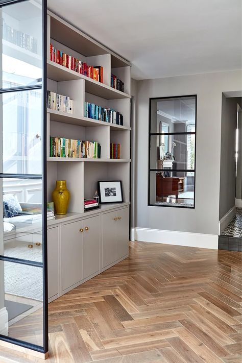 Crittal Doors, Blakes London, Modern Shelf, Herringbone Floor, Parquet Flooring, Living Room Diy, Home Library, Shelf Ideas, Steel Doors