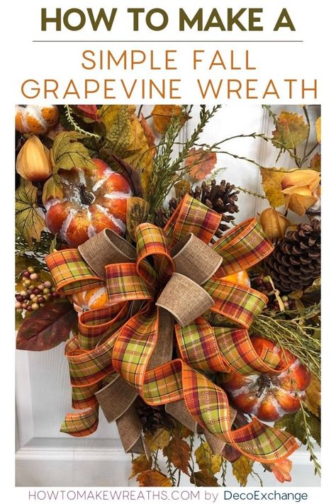 Diy Fall Grapevine Wreath, Fall Grapevine Wreath Ideas Diy, How To Make A Fall Wreath, Fall Grapevine Wreath Ideas, Thanksgiving Florals, Diy Grapevine Wreath, Fall Wreath Tutorial, Fall Ribbon, Fall Grapevine Wreath