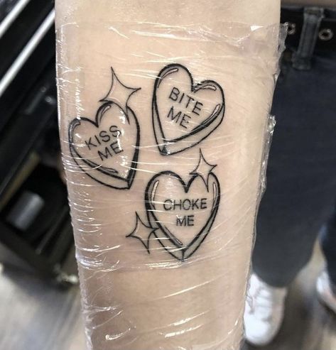 Small Tattoo Ideas Goth, Brat Tattoo Ideas, Goth Girl Tattoo Ideas, Suggestive Tattoos, Brat Tattoos For Women, Bite Me Tattoo Buttcheek, Grungy Tattoos, Valentines Tattoo Designs, Grunge Matching Tattoos