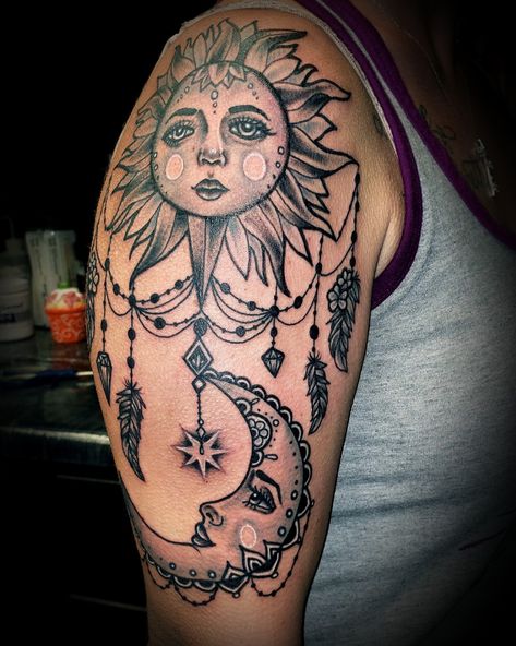 Elixir Tattoo, Star Sleeve Tattoo, Memorial Tattoos Mom, Sun And Moon Design, Girl Shoulder Tattoos, Earthy Tattoos, Baby Tattoo Designs, Sun Tattoo Designs, Sun And Moon Tattoo