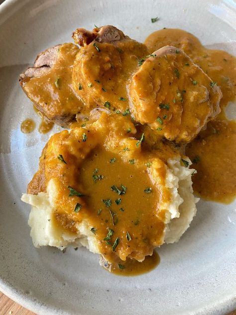 Pork Tenderloin with Roasted Vegetable Gravy - The Tipsy Housewife Baked Pork Tenderloin With Gravy, Housewife Recipes, Pork Roasts, The Tipsy Housewife, Ham Dishes, Vegetable Gravy, Tipsy Housewife, Pork Entrees, Tenderloin Roast