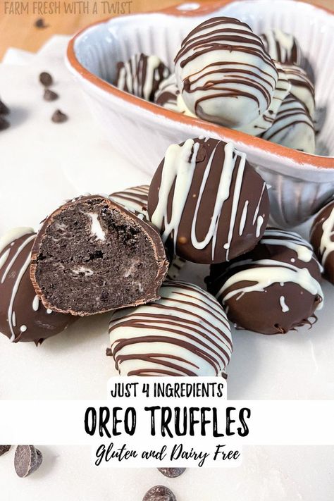 These indulgent Oreo Truffles are effortless to make and only require 4 ingredients. Gluten free Oreos and dairy free cream cheese make these truffles not only gluten free, but dairy free too! A perfect alternative to store bought truffles for Valentine’s Day, or any other special occasion. #glutenfree #dairyfree #valentinesday #chocolate #oreos #truffles #dessert Oreos Truffles, Chocolate Holiday Desserts, Gluten Free Dairy Free Cake, Holiday Dessert Recipes Easy, Gluten Free Oreos, Gluten Free Valentines, Oreo Cookie Cake, Oreo Truffles Recipe, Gluten Free Dairy Free Dessert