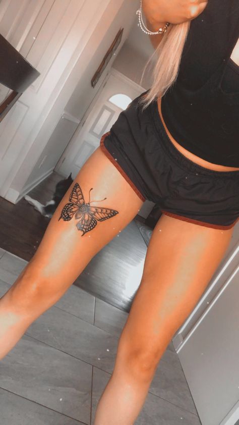 Upper Leg Tattoos For Women Thigh Tat Butterfly, Thigh Tats For Women Butterfly, Upper Thigh Butterfly Tattoo, Tattoo Ideas Leg Female Thigh Piece, Leg Tattoo For Females, Female Leg Tattoos Thigh Piece, Thigh Tattoo Butterfly, Butterfly Thigh Tattoos Women, Butterfly Leg Tattoo Thighs