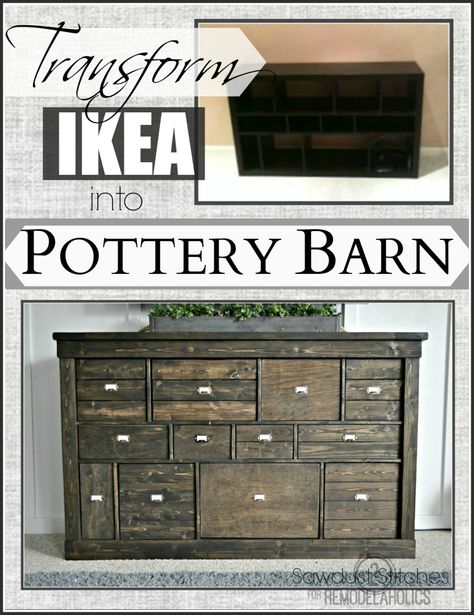 Ikea makeover  into a rustic apothecary style media cabinet www.sawdust2stitches.com Ikea Cubbies, Farmhouse Tv Console, Amazing Ikea Hacks, Ikea Makeover, Koti Diy, Ikea Furniture Hacks, Furniture Hacks, Ikea Furniture, Diy Vintage