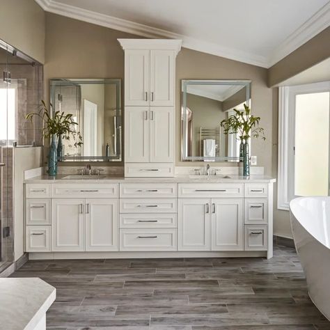 Contemporary Whole Home Renovation - Transitional - Bathroom - Other - by W.L. Construction Inc. | Houzz Vanity With Center Tower, Updated Traditional Home, Traditional Bathroom Remodel, Showers Without Doors, Master Bath Vanity, White Bathroom Tiles, Bathroom Transformation, Bathtub Design, Transitional Bathroom