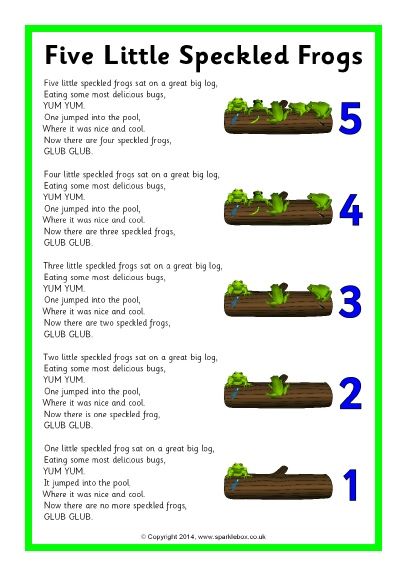 Five Little Speckled Frogs song sheet (SB10901) - SparkleBox Frog Worksheet, Five Little Speckled Frogs, Frog Song, Toddler Songs, Speckled Frogs, Transition Songs, Nursery Rhymes Lyrics, Circle Time Songs, Kindergarten Songs