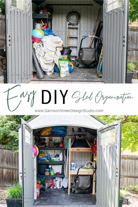 Easy DIY Shed Organization | ©GarrisonStreetDesignStudio | DIY | Easy | Shed | Organization | Outdoor | Storage | Ideas | Backyard |  Build | Backyards | House | Design | Garden | Ideas Backyard | Makeover | Storage Ideas | Small | Vinyl | Suncast | 7x7 | Bike | Pool | DIY Storage | Tools | Lawnmower | Wheelbarrow  | Yard | Cute | Gray | Pool House | Shelving Ideas | Interior | Garden | Floor | Hanging | 2x4 | Wall Storage | Rubbermaid | Tuff | Lifetime | Cascade | Storage Shed | Plastic Plastic Sheds Ideas Backyard, Outdoor Shed Organization Ideas, Lifetime Shed Ideas, Lifetime Shed Organization, Plastic Shed Storage Ideas, Suncast Shed Organization Ideas, Plastic Shed Makeover, Outdoor Shed Organization, Lawnmower Shed