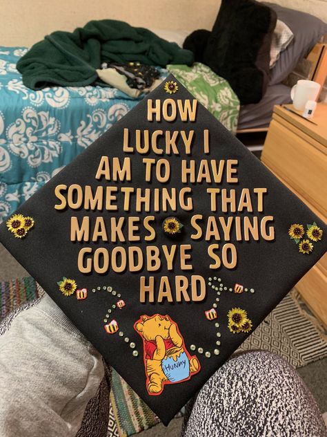 Grad Cap Ideas Best Friends, High School Graduation Cap Designs Ideas, Eeyore Graduation Cap, Grad Cap Ideas Winnie The Pooh, Graduation Cap Designs Meaningful, Graduation Cap Designs Exchange Student, Graduation Cap Designs Winnie The Pooh, College Cap Ideas, College Grad Cap Ideas Funny