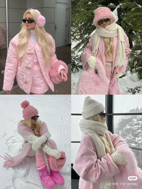 Pink Winter Accessories, Pink Earmuffs Outfit, Pink Fluffy Jacket Outfit, Pink Snow Outfit, Snow Outfits Aesthetic, Fluffy Jacket Outfit, Snow Outfits For Women, Coquette Fits, Wonderland Fashion