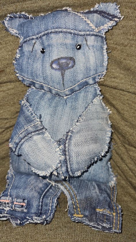 welcome to my latest easy to make denim upcycle tutorial - ideal for thrifty hand sewers - who doesn't have an old pair of jeans? Could also be a great keepsake memory bear. A simple little scruffy bear simple enough for children to make and quick enough as a craft fair filler. He sits about 12 cm high Things To Sew Out Of Old T Shirts, Memory Bear Tutorial, Denim Sewing Projects Upcycling, Denim Lampshade Diy, Denim Teddy Bear Pattern, Denim Sculpture, Denim Crafts Things To Make, Old Fabric Diy Reuse, Denim Quilts Old Jeans Diy