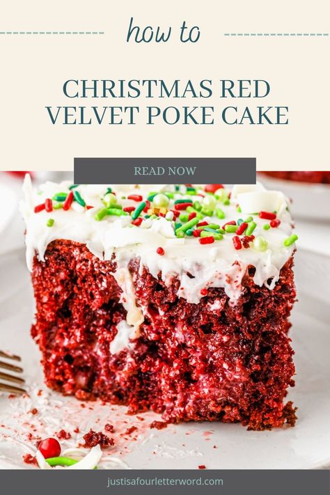 Get ready to celebrate the holidays with a delicious Red Velvet Christmas Poke Cake! This easy-to-make dessert starts with a boxed cake mix for a quick solution. Once baked, it's drenched in sweetened condensed milk and topped with fluffy frosting, decadent white chocolate, and colorful sprinkles. Perfect for festive gatherings and as a delightful centerpiece on your dessert table, this poke cake is sure to impress guests. Try this festive recipe to bring a touch of sweetness and nostalgia to your Christmas celebrations. Recipes With Red Velvet Box Cake Mixes, Red Velvet Cake Without Red Dye, Red Velvet Xmas Cake, Christmas Dessert Red Velvet, Red Velvet Cake With White Chocolate, Red Velvet Poke Cake Easy, Red Velvet Cake Mix Desserts, Christmas Magic Cake, Pock Cake Recipes