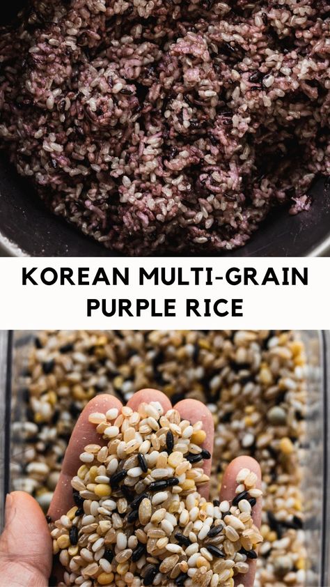 Korean purple rice in rice cooker and grains being held in a hand Korean Multigrain Rice, Korean Purple Rice, Purple Rice Recipes, Korean Purple Rice Recipe, Multigrain Rice, Cooking Black Rice, Korean Table, Short Grain Brown Rice, Purple Rice