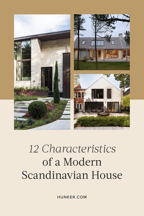 Here are some of the major characteristics of the modern Scandinavian house if you love fantasizing about buying a Scandi space — or if you're hoping to shake up the look of your current exterior. #hunkerhome #scandinavianstyle #scandistyle #modernscandinavian #modern Modern Scandi House Exterior, Traditional Scandinavian House, Modern Scandinavian Farmhouse Exterior, Scandinavian Style Home Exterior, Scandi Home Exterior, Scandi Exterior House, Scandanavian House Exteriors, Scandinavian Exterior House Colors, Danish House Exterior