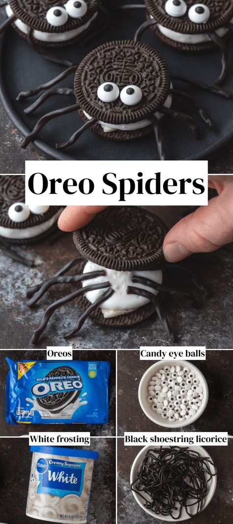 Made with just 4 ingredients, these Oreo Spiders are a fun and easy Halloween dessert. No baking or cooking is required, making them a treat the entire family can enjoy making. Halloween Rice Krispie Treats Ideas Spider Web, Halloween Treats Spiders, Spider Food Halloween, Spider Oreo Cupcakes, Oreo Dessert Halloween, Spider Desserts Halloween, Oreo Cookie Halloween Treats, Spider Oreos Halloween, Edible Spiders For Halloween