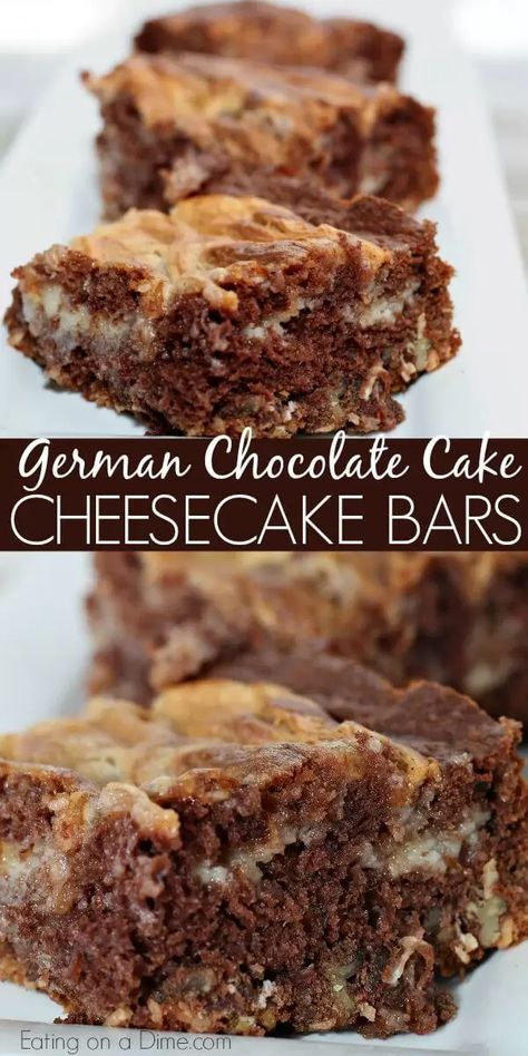 Cheesecake Bars Recipes Easy, Chocolate Cake Cheesecake, Easy German Chocolate Cake, German Chocolate Bars, German Chocolate Cheesecake, Chocolate Cheesecake Bars, Easy Bar Recipes, Recipe Cheesecake, German Chocolate Cake Mix