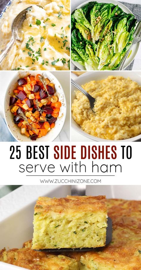 What to serve with ham: 25 best side dishes, a recipe roundup by Zucchini Zone. Are you preparing a spiral-sliced ham for the holidays or Sunday dinner with family? Today I'm sharing 25 of the best and most delicious sides that pair perfectly with juicy glazed ham. #whattoservewithham #holidaysides #sidedishes #sides #hamsides #holidayham #easter #thanksgiving #christmas #sundaydinner Sides To Eat With Ham, Easter Sunday Side Dishes, Baked Ham Sides Dishes, Christmas Dinner Sides With Ham, Best Sides With Ham, Ham Side Dishes Easy, Best Side Dishes For Ham, Christmas Ham Side Dishes, Side For Ham