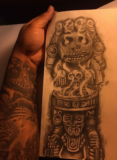 Tatoos Mexican Aztec Designs, Aztec Tattoos Sleeve Mexican Style, Aztec God Tattoo For Men, Aztec Warrior God Tattoo, Aztec Sacrifice Tattoo, Aztec Tattoo Mexican, Back Piece Tattoo Men, Mexican Heroes, Clock Tattoo Sleeve