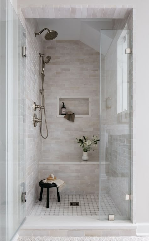 Riverstone Tile Bathroom, Bathroom Shower Tile Ideas Cream, Powder Blue Master Bath, Cultured Marble Shower Walls Master Bath, Light Shower Tile, Small Stand Up Shower Ideas, Bathroom Tile Ideas Neutral, Rectangle Bathroom Layout, Modern Transitional Bathroom