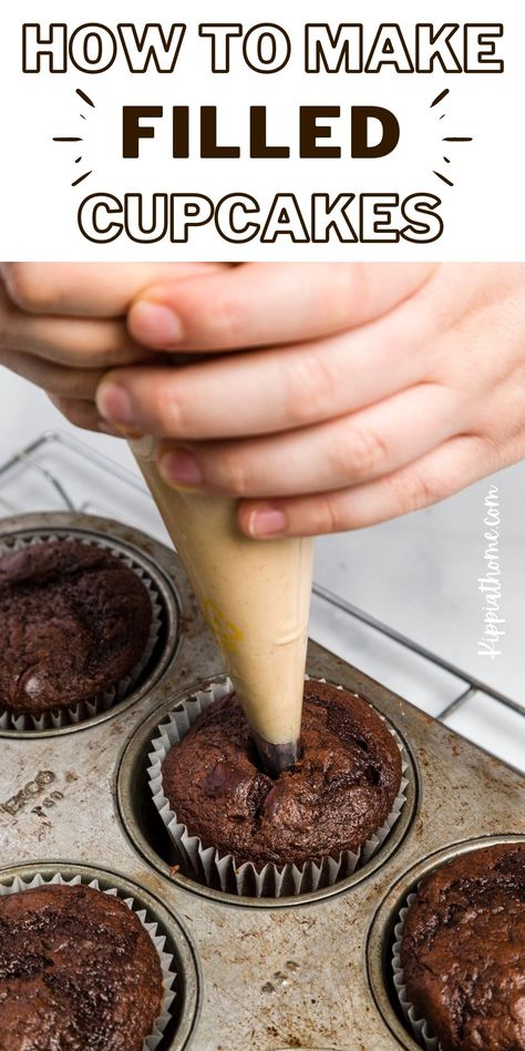 Frosting Inside Cupcakes, How To Make Cream Filled Cupcakes, How To Fill A Cupcake With Icing, Pudding Stuffed Cupcakes, Icing Filled Cupcakes, Hostess Cupcake Filling, Fill Cupcakes How To, How To Stuff Cupcakes, How To Make The Perfect Cupcake