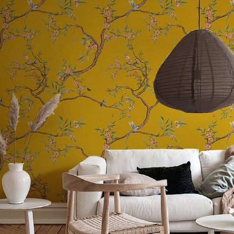 Chinoiserie Vine Flowers With Birds Wallpaper Home Decor Wall Murals - Etsy Denmark Vine Flowers, Birds Wallpaper, Wallpaper Home Decor, Yellow Wall Art, Yellow Interior, Yellow Paper, Bird Wallpaper, Smooth Walls, Mural Wall Art