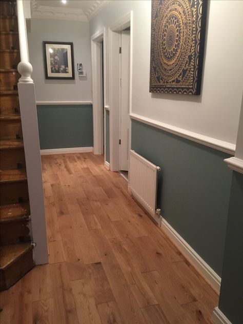 Green And Blue Hallway, Living Room Dado Rail Ideas, Oval Room Blue Farrow And Ball Living Room, Oval Room Blue Farrow And Ball Hallway, Bedroom Dado Rail Wall Colours, Hallway Ideas Blue, Dado Rail Decorating Ideas, Oval Room Blue Hallway, Living Room Picture Rail