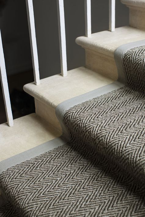 Sisal Grand Herringbone in Praline as a stair runner with a Pebble Cotton Herringbone border #whereinspirationbegins #sisal #tactile #organic #carpet #flooring Herringbone Stair Runner, Stair Runner Ideas, Stairs Carpet, Choosing Carpet, Wall To Wall Carpet, Stairs Landing, Tudor Home, Sisal Carpet, Irish Countryside