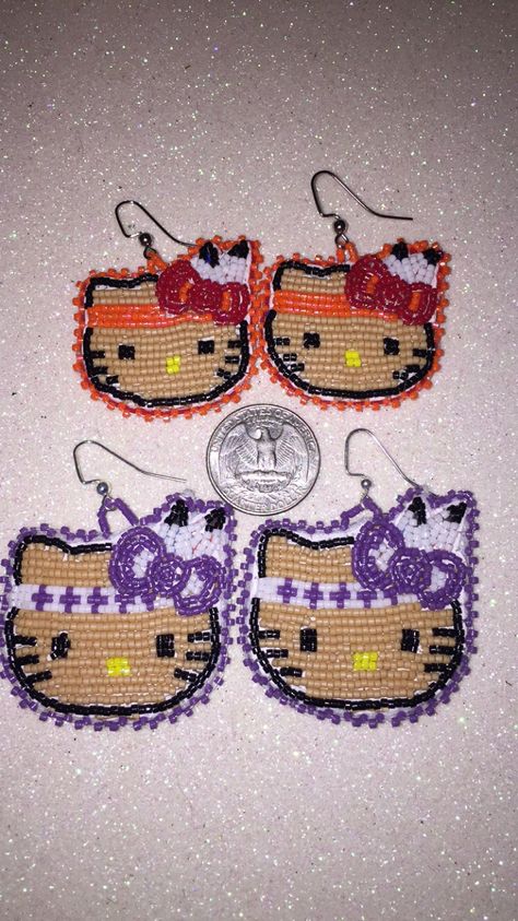 Native Hello Kitty, Jingle Dress Ideas, Hello Kitty Beaded Earrings, Beaded Powwow Earrings, Pink Native American Beaded Earrings, Native American Beaded Headband Regalia, Native American Beaded Earrings Inspire Uplift ⭐, Jingle Dress, Miyuki Beads Pattern