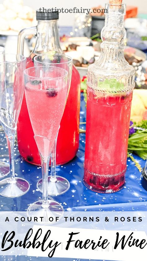 How to make ACOTAR Faerie Wine | The TipToe Fairy Tea Party Cocktails, Fairy Drinks, Acotar Recipes, Wine Tasting Ideas, Acotar Themed Drinks, Acotar Inspired Food, Fairy Wine Recipe, Fairy Alcohol Drinks, Acotar Cocktails Ideas