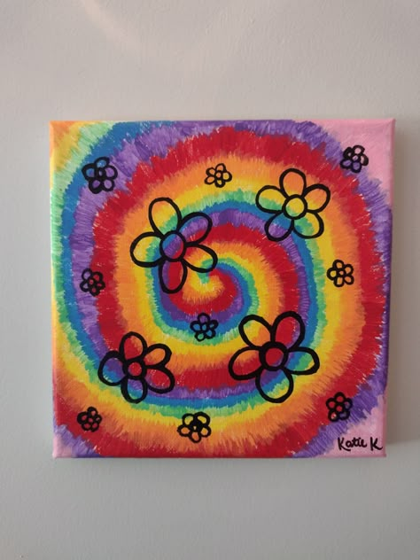 This vibrant tie-dye painting is sure to brighten up any room with its array of colors! The flowers tie together the happy hippie feel of the painting. This painting is part of my groovy hippie collection. This painting was done with acrylic paint on stretched canvas.  Check out my other paintings of animal silhouettes, petite fruits, groovy hippy themes, and more! Groovy Paintings Easy, Tie Dye Painting On Canvas, Hippie Painting Ideas, Cool Things To Paint On Canvas Trippy, Trippy Acrylic Painting, Dorm Room Paintings, Tie Dye Painting, Art Mini Toile, Cow Drawing