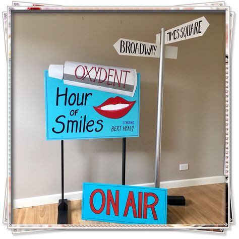 'Annie Kids' signage. Radio scene and sign post for Times Square scene. Timber and PVC pipe construction, hand painted Annie Cast Party Ideas, Annie Jr Props, Annie Musical Set, Annie Jr Set Design, Annie Props, Annie Play, Sandy Costume, Hairspray Movie, Annie Costume