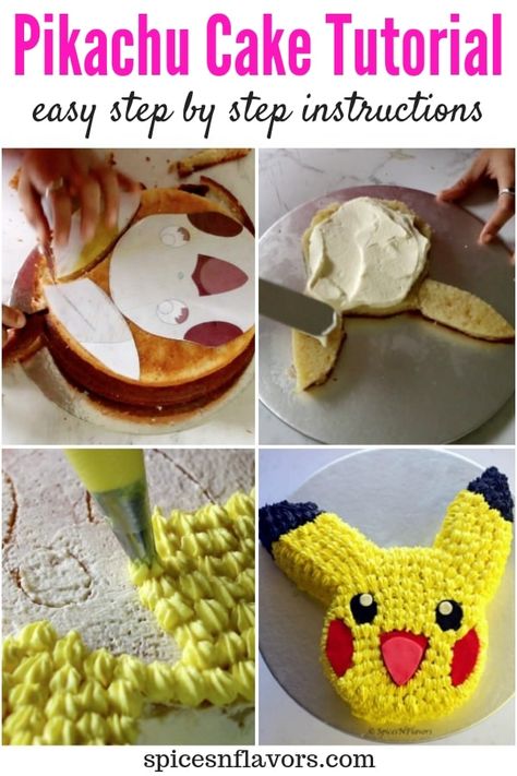 If you are looking for a DIY Pokemon theme for your girl or boys birthdays then this easy step by step tutorial on how to make a PIKACHU CAKE pattern recipe is all you need. This cake made without using any pikachu mould, pan and minimal fondant is a simple and awesome cake idea. Bonus find a free printable pikachu face template in the post perfect for round or square tin. #pokemon #pikachucake #birthdaycakes #birthdaytheme #diy Pikachu Cake Tutorial, Bolo Pikachu, Pokemon Cupcakes, Diy Pokemon, Pokemon Themed Party, Pokemon Birthday Cake, Pikachu Cake, Pokemon Diy, Pokemon Cake