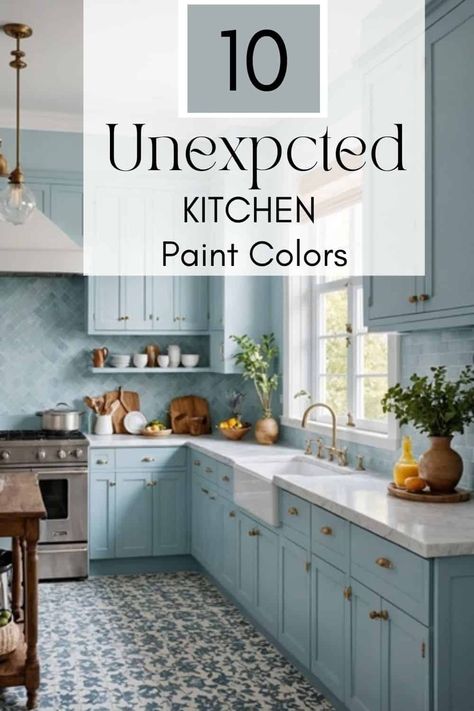 The Best Paint Colors for a Kitchen: A Guide to Cooking Up Style - West Magnolia Charm Best Small Kitchen Colors, Fun Kitchen Cabinet Colors, Small Kitchen Paint Colors, Popular Blue Paint Colors, Kitchens Cottage, Small Kitchen Colors, Monochromatic Kitchen, Best Kitchen Cabinet Paint, Paint Colors For Kitchen