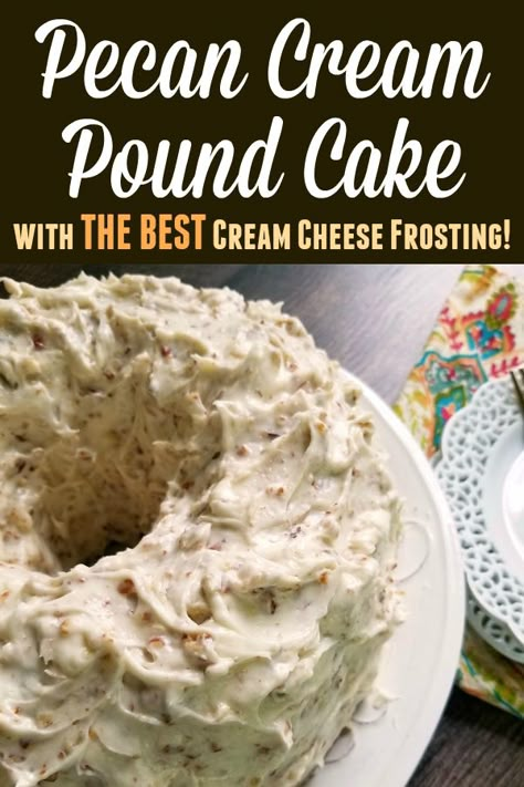 Pecan Cream Pound Cake with THE BEST Pecan Cream Cheese Frosting! A decadent Southern pound cake recipe made with sour cream and pecans topped with an ultra creamy pecan-studded cream cheese frosting that will have folks begging for the recipe! Pecan Cream Cake, Butter Pecan Cake With Cream Cheese Frosting, Cakes With Pecans, Pecan Cream Cheese Frosting, Amish Cake, Butter Pecan Pound Cake, Pecan Pound Cake, Southern Pound Cake, South Your Mouth