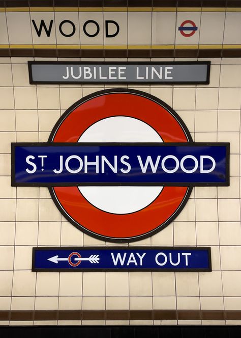 Roundel and signage, St John's Wood Station (Stanl… - St Johns Wood (1939) - Nicholas Lyster London In The 70s, London Underground Posters, St Johns Wood London, Poster Moodboard, Tube Stations London, Underground Sign, London Drawing, Gill Sans, Jubilee Line