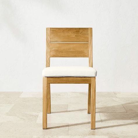 Larnaca Outdoor Dining Side Chair | Williams Sonoma Two Chairs And Table, Dining Lounge, Midcentury Architecture, Chair Frame, Teak Dining Chairs, Outdoor Cushion Covers, Teak Oil, Teak Chairs, Teak Dining Table