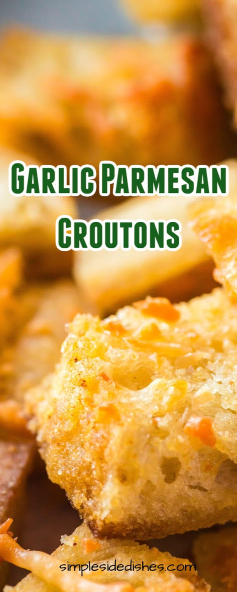 Get ready to take your salads and soups to the next level with our Garlic Parmesan Croutons. These easy homemade croutons are bite-sized flavor bombs that add a crunch and savory kick to your favorite dishes. #simplesidedishes #garlic #parmesan #croutons #homemade #holidays #salads #crunchy #tasty Parmesan Croutons, Homemade Staples, Crouton Recipes, Cheese Croutons, Croutons Homemade, Mouthwatering Recipes, Favorite Comfort Food, Garlic Parmesan, Family Favorite Meals