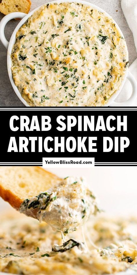 Creamy, cheesy, and loaded to the brim with bold flavors and addictive texture, my Crab Spinach Artichoke Dip is my most requested appetizer. Crab And Spinach Dip Recipe, Crab Spinach Artichoke Dip, Crab And Artichoke Dip, Dip Recipes Hot, Hot Crab Dip, Spinach Dip Recipe, Crab Dip, Artichoke Recipes, Dip Recipes Easy