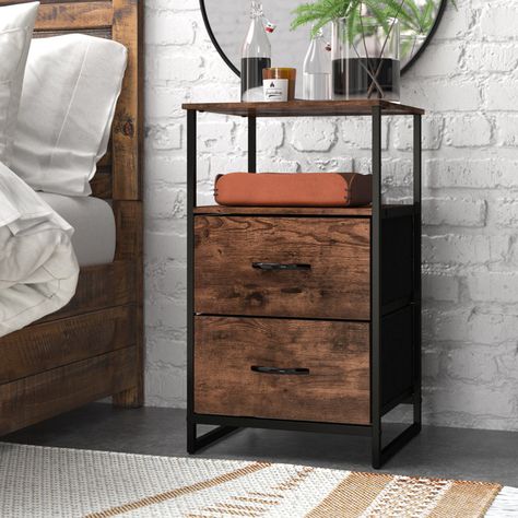 Steelside™ Cleo Nightstand & Reviews | Wayfair Wooden Nightstand, 3 Drawer Nightstand, 2 Drawer Nightstand, Metal Bed, Wood Nightstand, Metal Bed Frame, Drawer Nightstand, Rustic Industrial, How To Distress Wood