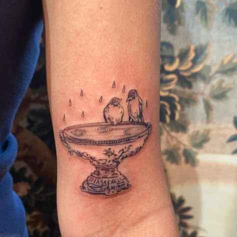 Little bird bath! Thank you for trusting me with your first tattoo ! . . #pdxtattoo #birdbathtattoo #birdtattoo #portlandtattoo | Instagram Bird Bath Tattoo Ideas, Birdbath Tattoo, Bird Bath Tattoo, Europe Tattoos, Portland Tattoo, Vintage Tattoos, Tiny Tats, Stamp Tattoo, Sister Tattoo