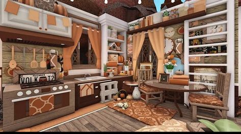 Halloween Bloxburg Kitchen Ideas, Bloxburg Kitchen Ideas Autumn, Preppy Fall House Bloxburg, Fall Blockburg House, Bloxburg House Ideas Exterior Halloween, Bloxburg House Ideas Fall Living Room, Bloxburg Fall Entryway, Bloxburg Living Room Ideas Autumn, Bloxburg Fall Dining Room