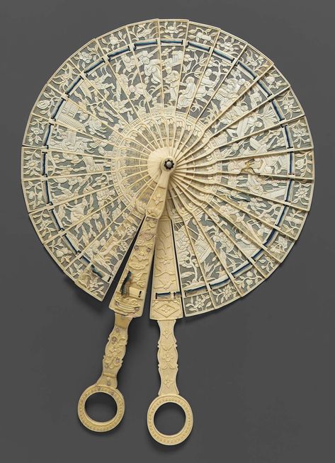 1790, China for export - Circular fan - Carved and pierced ivory sticks, white and dark and light blue silk connecting ribbon Chinese Fans, Antique Fans, Vintage Fans, Hand Fans, Folding Fan, Hand Held Fan, Chatelaine, Museum Of Fine Arts, Historical Clothing