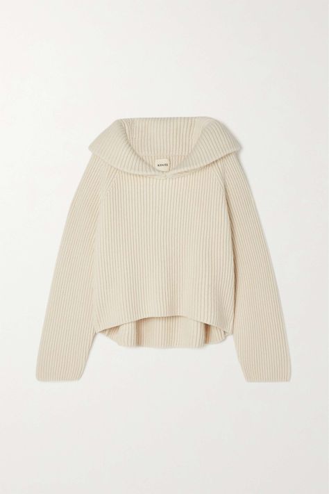 Glam and Glitter Khaite Top, Knitwear Collection, 가을 패션, Lookbook Outfits, Ribbed Sweater, Cashmere Sweater, Shawl Collar, Cashmere Sweaters, Shoulder Sleeve