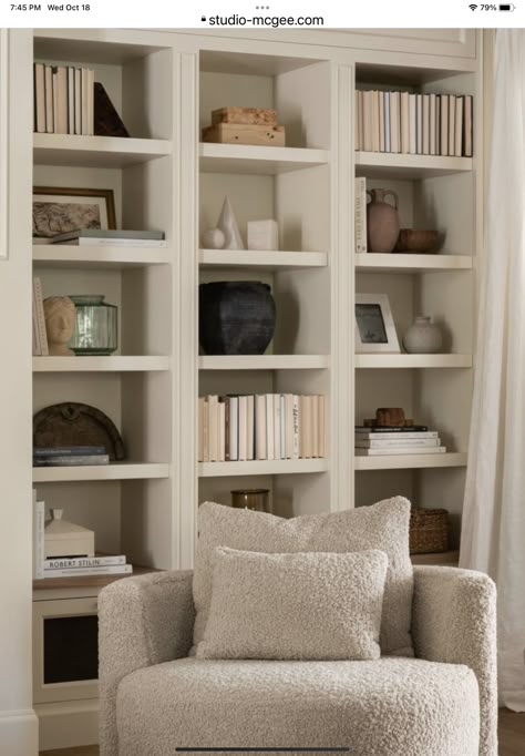 Cream Bookshelf, Neutral Bookshelf, Jennifer Gray, Farmhouse Bookshelves, White Built Ins, Built In Window Seat, Beige Room, Shelf Decor Living Room, House Shelves