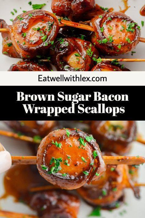 Looking for an irresistible appetizer to wow your guests this holiday season? Try this indulgent Brown Sugar Bacon Wrapped Scallops recipe! With their sweet-salty flavor, these scallops are guaranteed to be a holiday hit. Perfect for a Christmas party and easy to make, you won't want to miss out on this delicious treat. Sauce For Bacon Wrapped Scallops, Bacon Wrapped Scallops Sauce, Bacon Wrapped Scallops Grilled, Bacon Wrapped Scallops Pan Seared, Scallop Wrapped In Bacon, Bacon Wrapped Scallops In Oven, Scallops Appetizer, Scallops Wrapped In Bacon, Scallops With Bacon