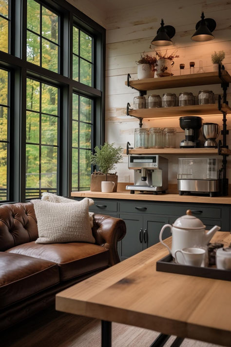 30 Cozy Farmhouse Coffee Bar Designs for Your Home Coffee Bar Ideas Dark Wood, Coffee Shop Inspired Kitchen, Coffee Nook With Seating, Coffee Bar Area Ideas, Cozy Coffee Station, Coffee Nook In Pantry, Coffee Bar Lighting Ideas, Coffee Bars In Kitchen Farmhouse Style, Living Room Coffee Bar