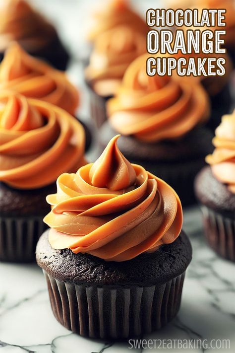 Indulge in the perfect harmony of rich cocoa and zesty orange zest with our Chocolate Orange Cupcakes with Orange Frosting. A decadent treat for all occasions! 🍫🍊 Orange Chocolate Cupcakes, Orange Sponge Cake, Chocolate Orange Cupcakes, Chocolate Orange Cake, Orange Icing, Orange Buttercream, Dark Chocolate Orange, Terry's Chocolate Orange, Orange Cupcakes