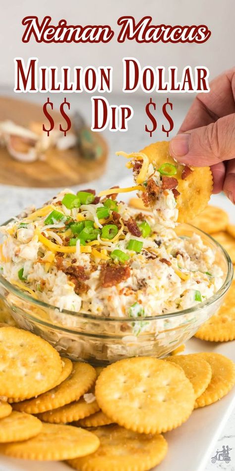 This Million Dollar dip aka the Neiman Marcus dip is ridiculously easy to make with minimal ingredients and only 5 minutes of your time. It simply delectable with creamy tangy flavor, crispy bacon pieces, and the added crunch thanks to the chopped green onions and sliced almonds if you like nuts - perfect for your next party or whenever the craving hits! Million Dollar Dip Recipe, Neiman Marcus Dip, Million Dollar Dip, Baked Goat Cheese, Delicious Dips Recipes, Dips Recipes, Delicious Dips, Party Dip, Easy Dips