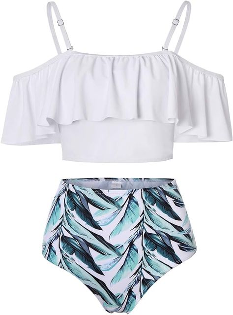 Amazon.com: Kaei&Shi High Waisted Flounce Bikini Set,Tummy Control Swimsuits for Women,Off Shoulder : Clothing, Shoes & Jewelry Off Shoulder Bathing Suit, Strapless Swimwear, Strappy Swimwear, Trendy Swimsuits, Swimsuits Outfits, Swimsuits For Women, Cute Bathing Suits, Cute Swimsuits